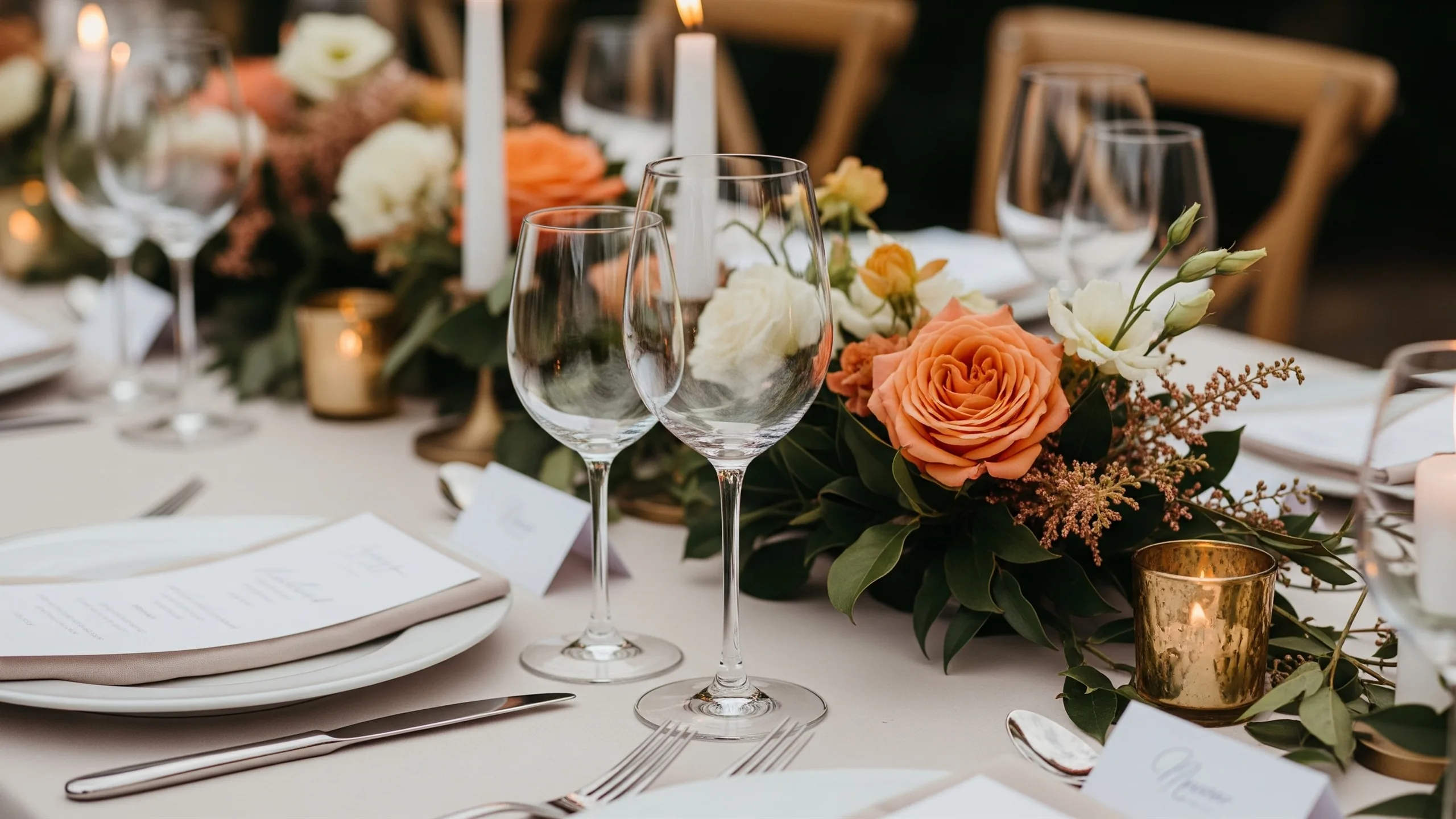 A close detail of raised glasses arranged on a table, flowers, candles and blank speech cards with no text, close-up detail