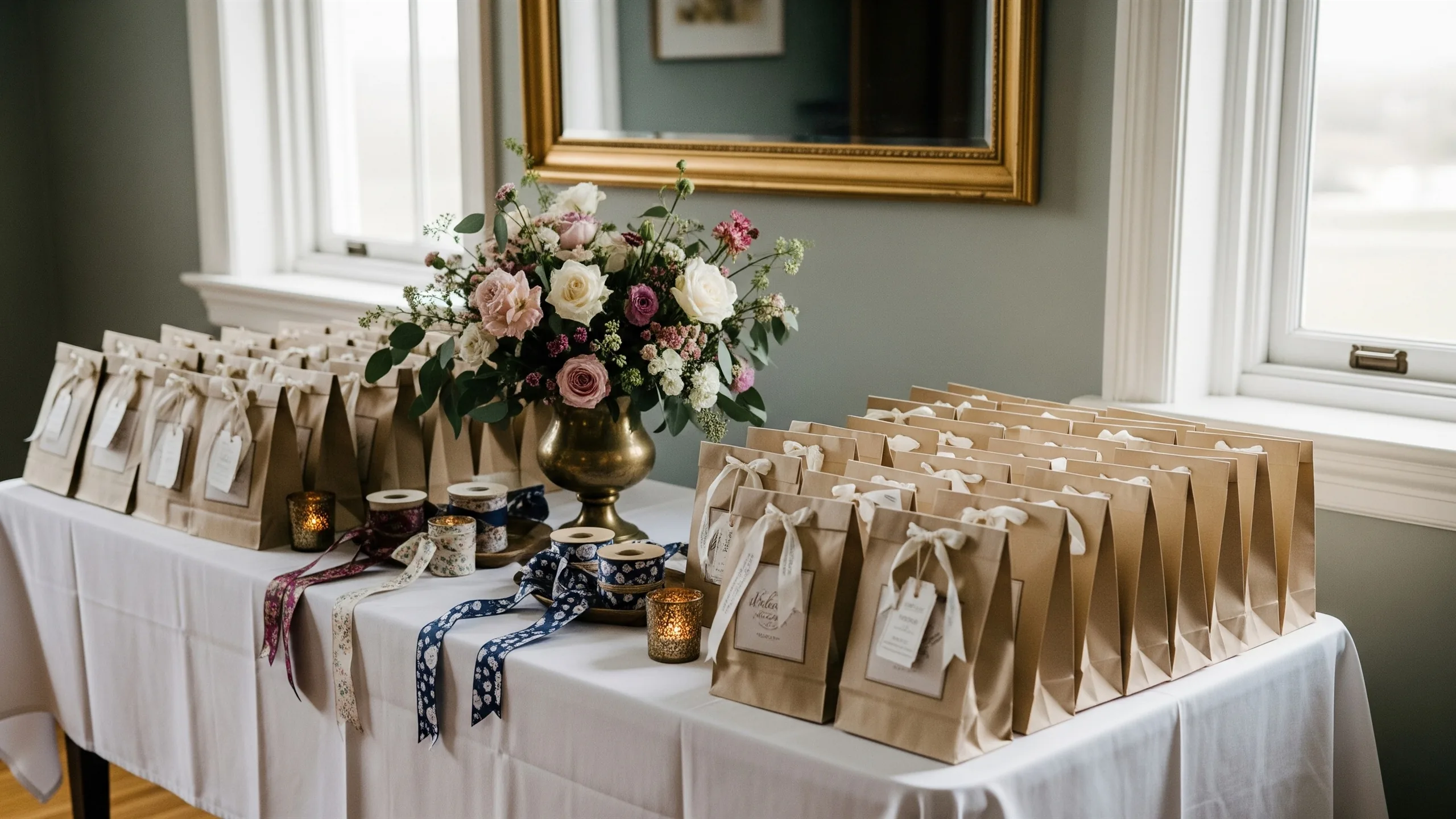 A grand guest hospitality table with rows of premium welcome bags, ribbons, florals and brass accents, no labels, styled view