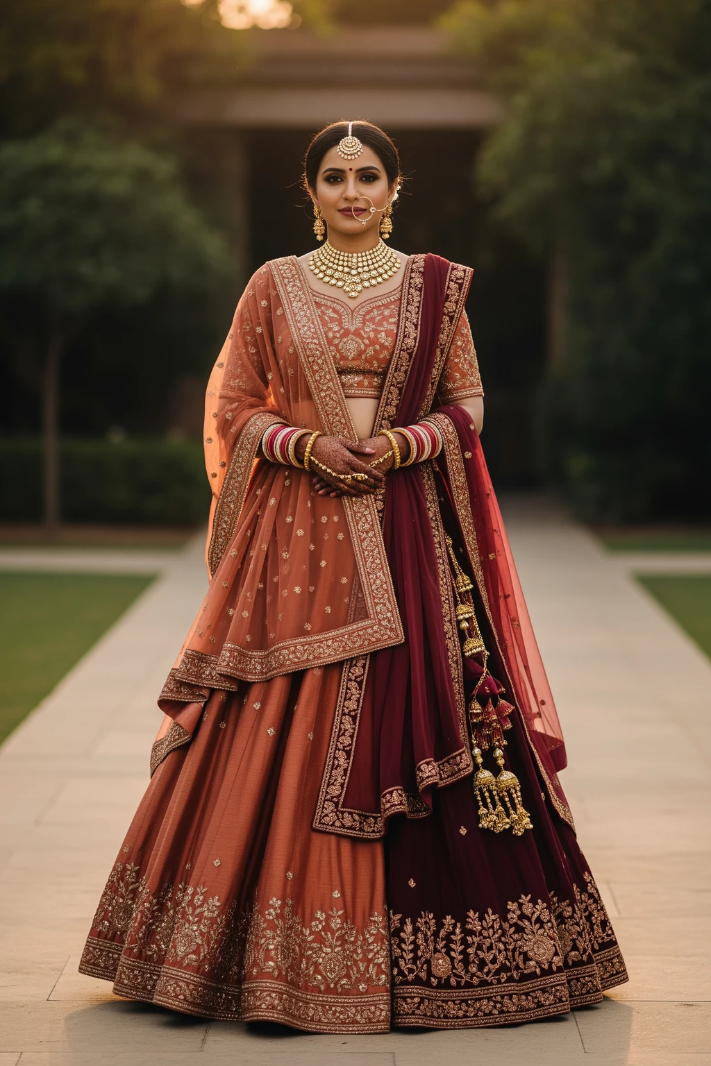 Indian bride wearing a terracotta and deep maroon bridal lehenga as a red alternative