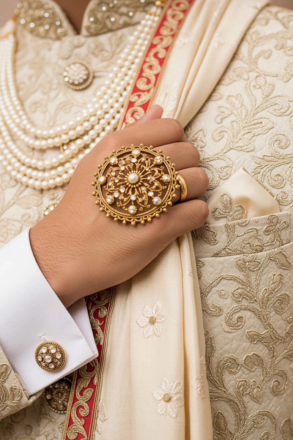 Close detail of Indian groom sherwani brooch, stole, pearl necklace and embroidered buttons