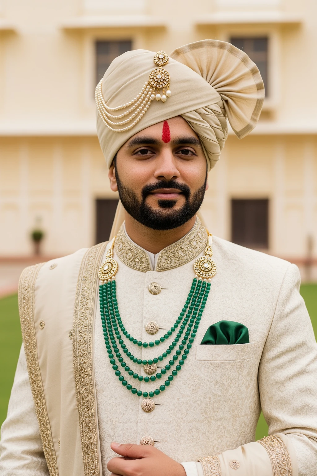 Indian groom wearing emerald bead mala, cream sherwani, safa and coordinated stole