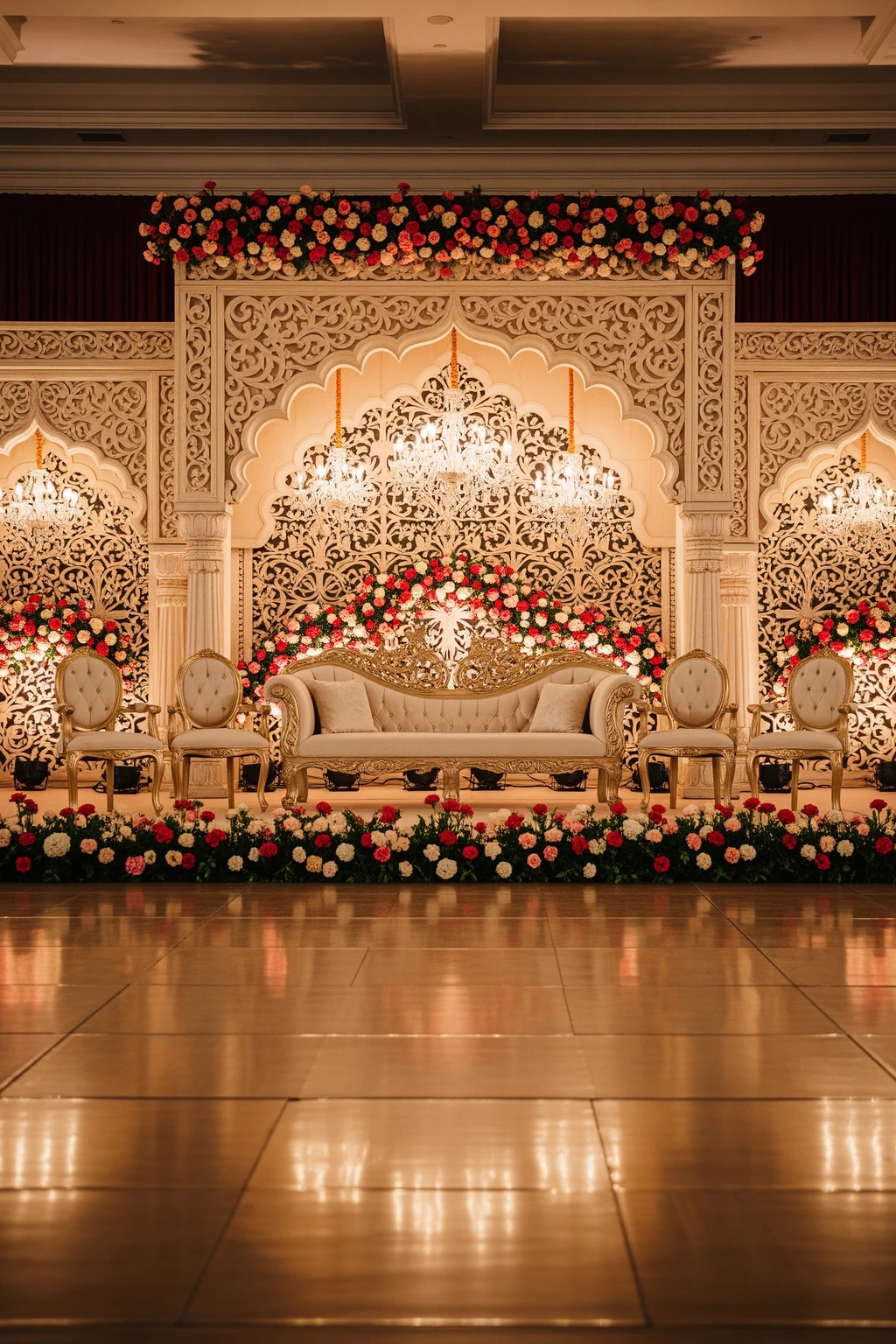 Royal palace inspired Indian sangeet stage with arches, chandeliers and couple seating