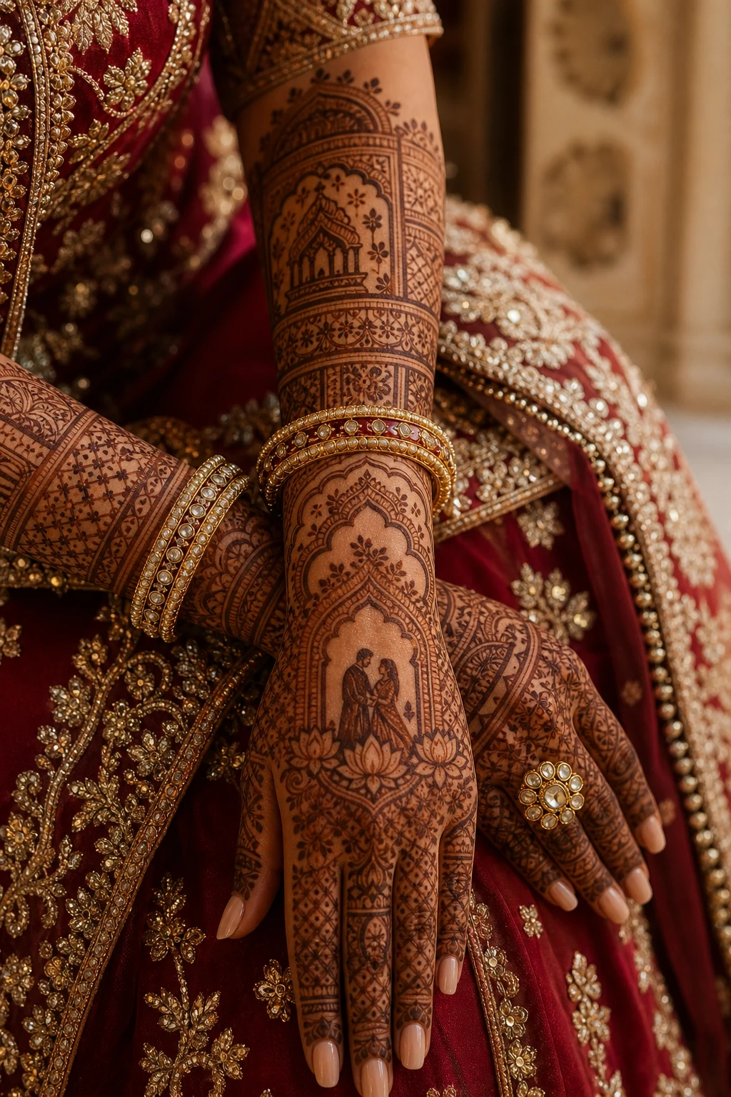 Indian bridal mehndi with hidden initials, mandala and story motifs