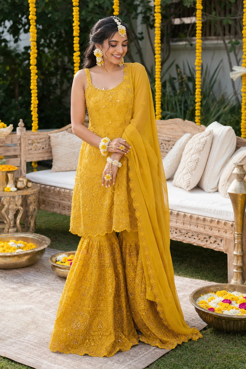 Indian bride wearing elevated yellow haldi outfit with floral jewellery
