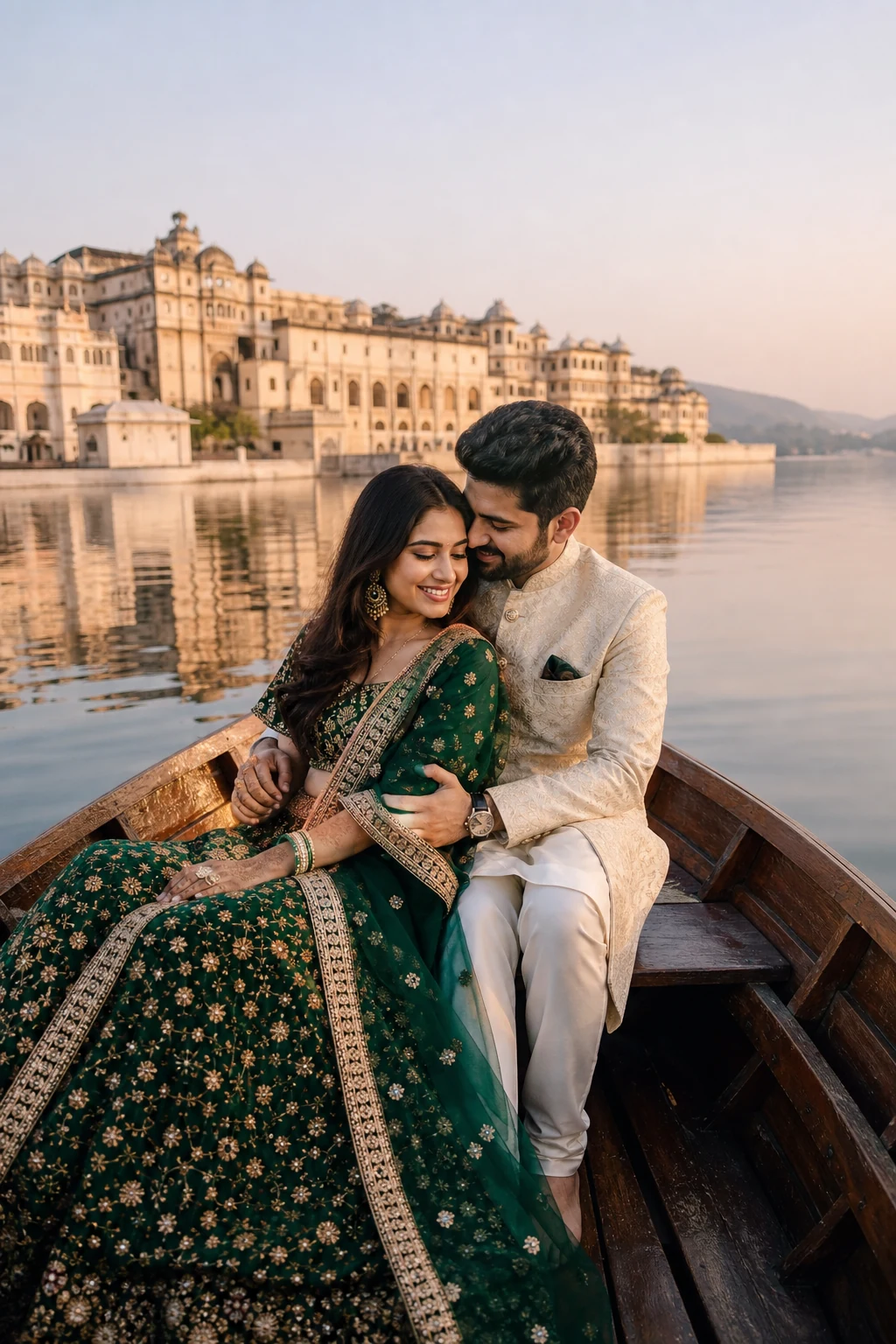 Indian couple pre-wedding shoot on Lake Pichola at soft sunrise
