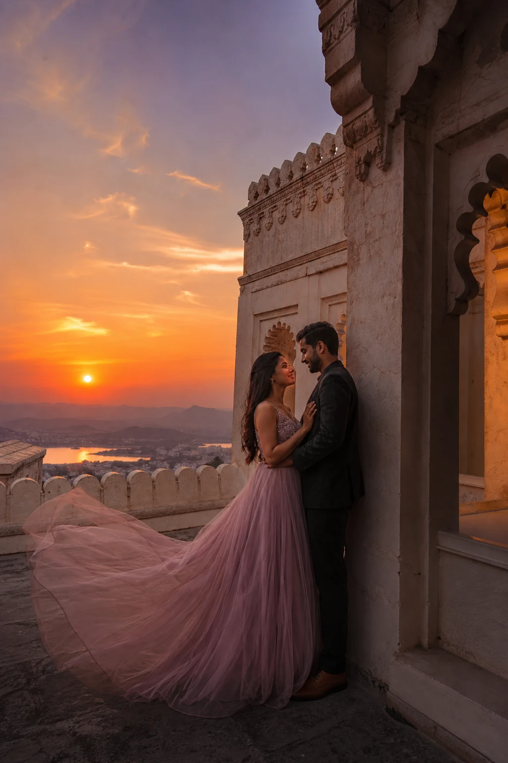 Indian couple silhouette at Monsoon Palace sunset in Udaipur